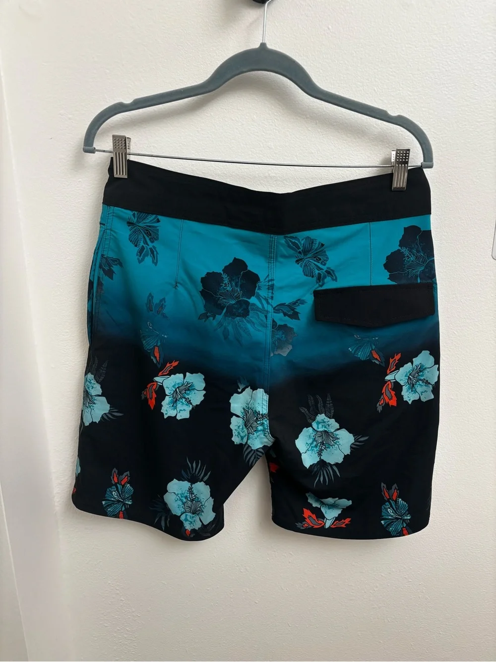 Burnside Men's Black & Teal Tropical Floral Swim Trunks Drawstring Waist 30